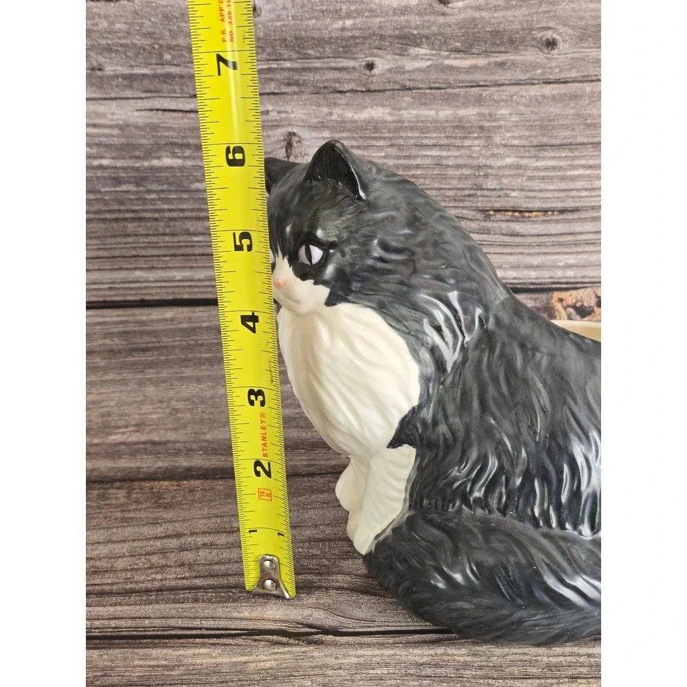 Vintage Ceramic Tuxedo Cat Planter Black White Longhair Feline Pot Takashi Japan